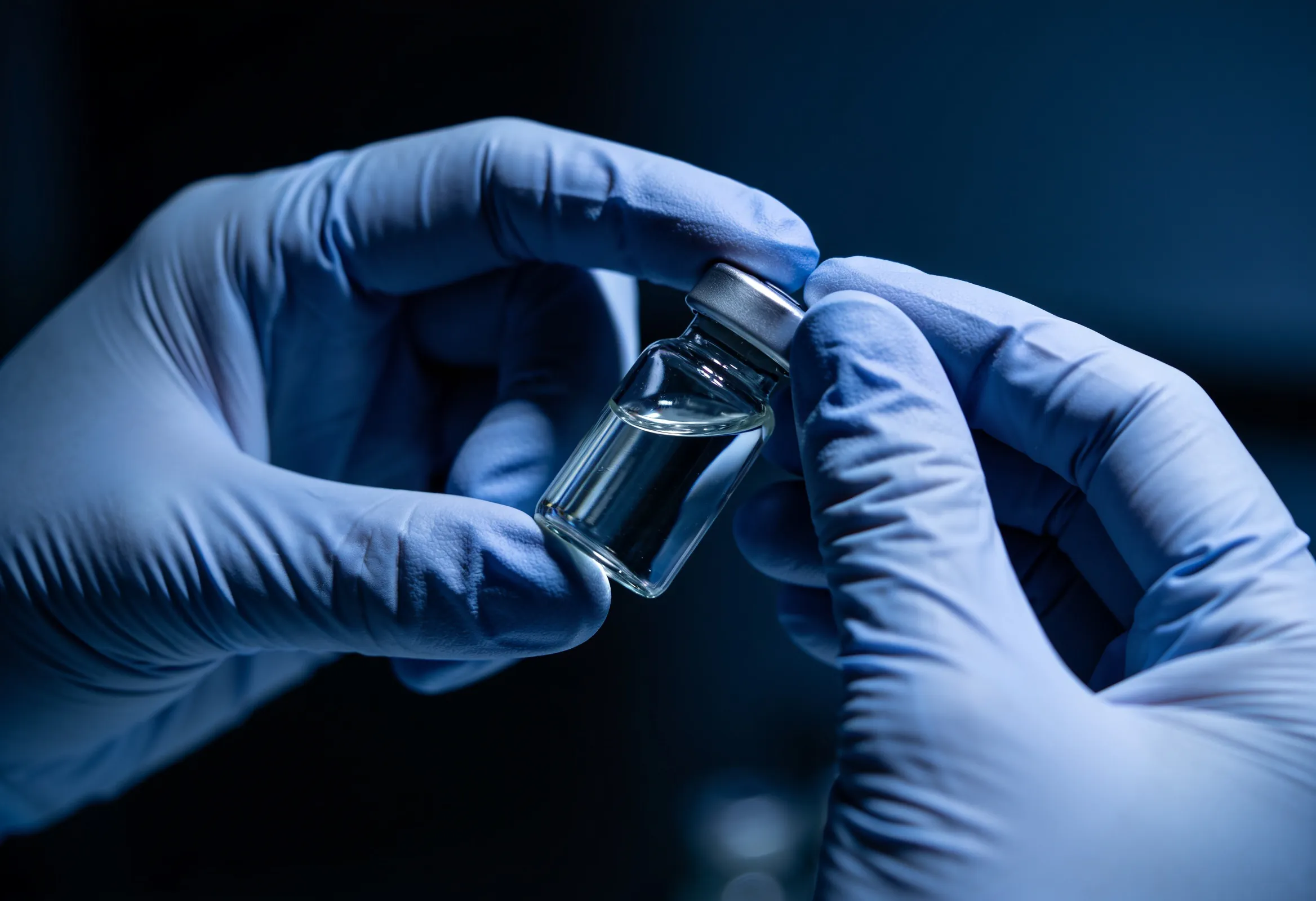 Gloved hands inspecting a medicine vial in a sterile cleanroom