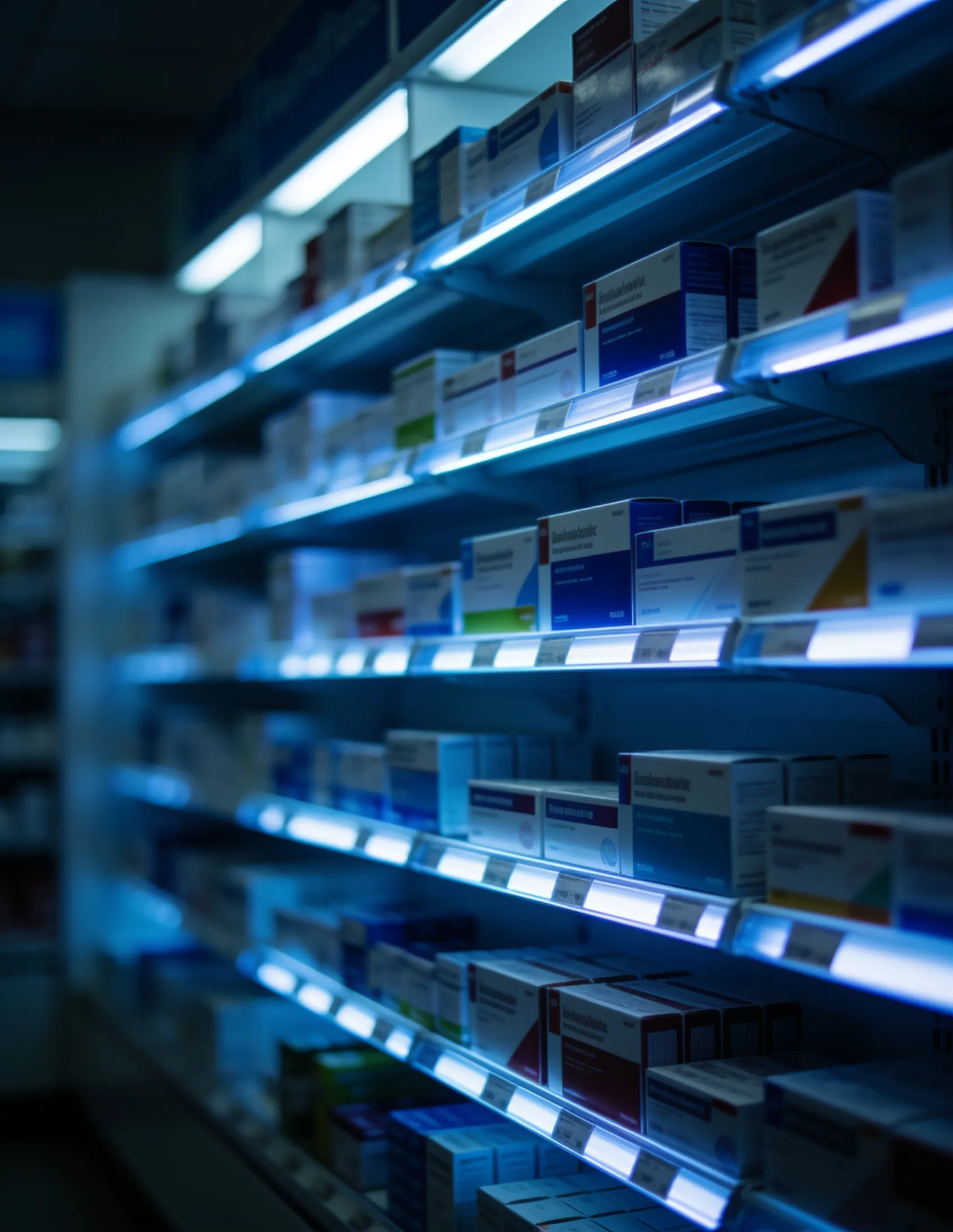 Medicine on illuminated pharmacy shelves, suggesting reliable access