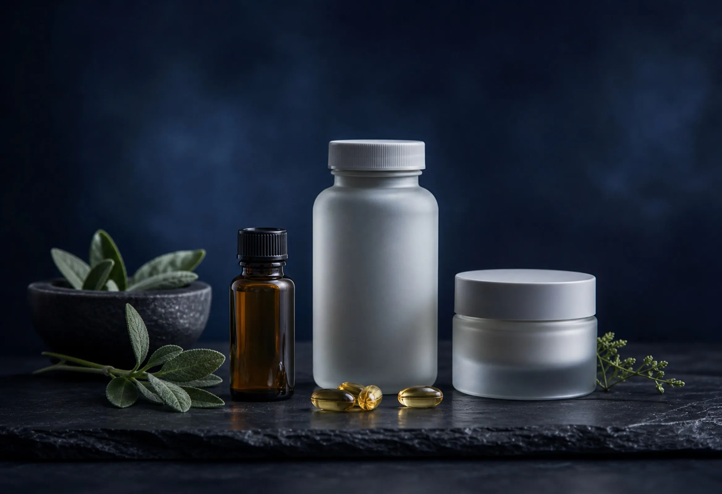Consumer health and wellness products on a dark surface