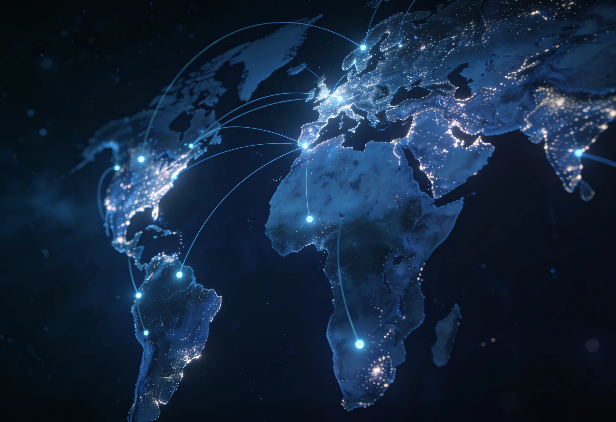 Corporate office with a glowing world map of partnership locations